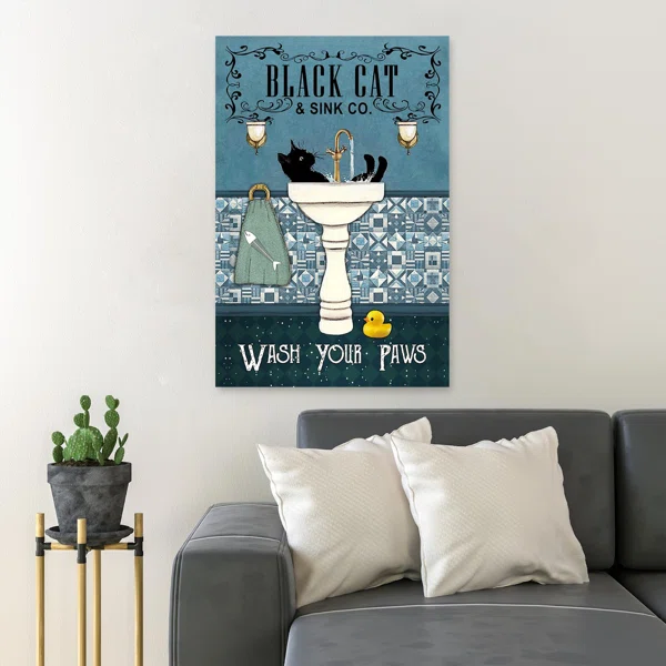 Black Cat And Sink Co. - Wash Your Paws - 1 Piece Rectangle Graphic Art Print On Wrapped Canvas - Image 3