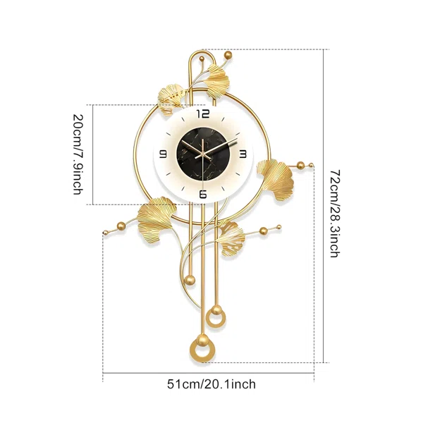 Large 28x20in Golden Modern Silent Metal Ginkgo Leaf Wall Clock | Elegant Decorative Wall Art Clocks Home Accent With Led Light - Image 2