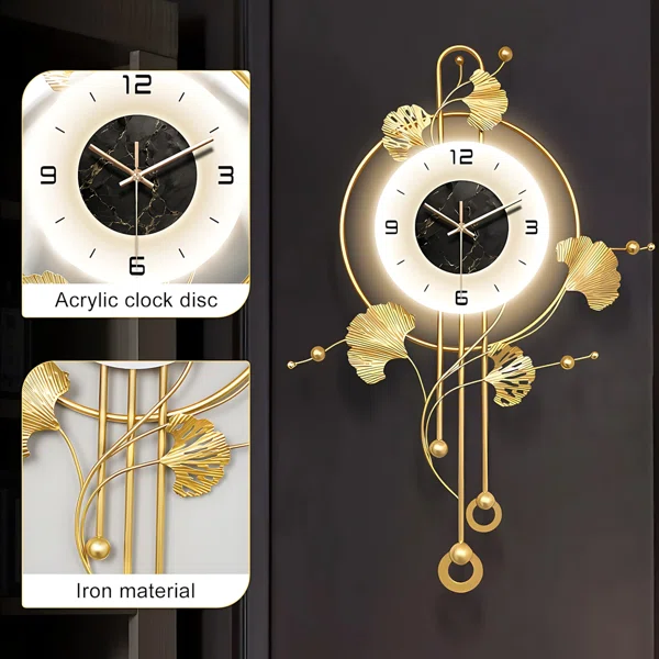 Large 28x20in Golden Modern Silent Metal Ginkgo Leaf Wall Clock | Elegant Decorative Wall Art Clocks Home Accent With Led Light - Image 3