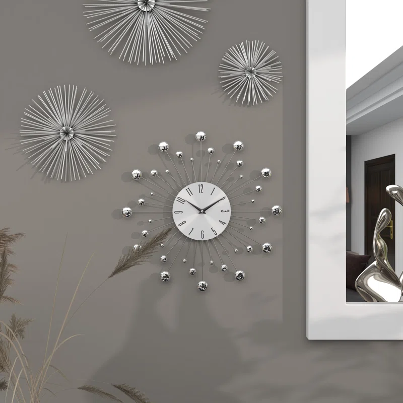 Metal Starburst Decorative Wall Clock with Crystal Accents